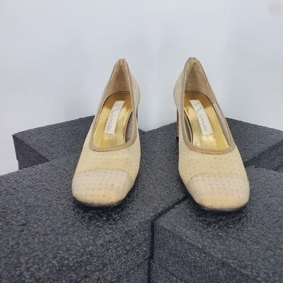 Nina Heel Pumps Wedding Shoes Size 7M Vintage WOMENS Gold Sparkle Mesh - Picture 3 of 13